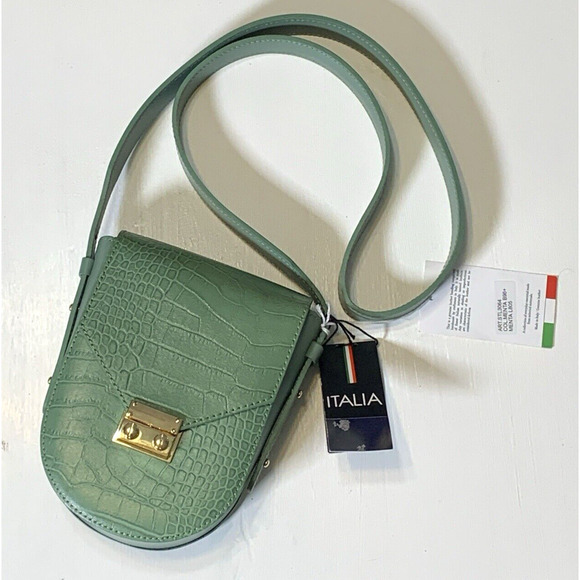 Isadora Crossbody Shoulder Bag Cellphone Green Embossed Leather Wide Strap NWT - Picture 3 of 12